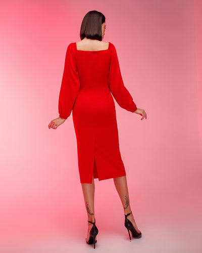 Red Puff-Sleeve Midi Dress (article 256)