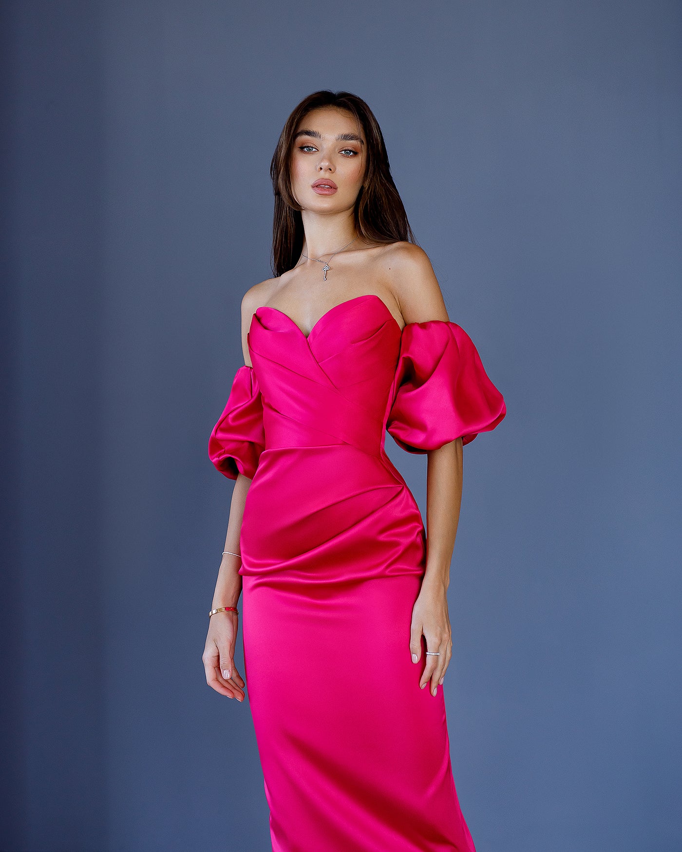 Crimson SWEETHEART PUFF-SLEEVE MIDI DRESS (ARTICLE 330)