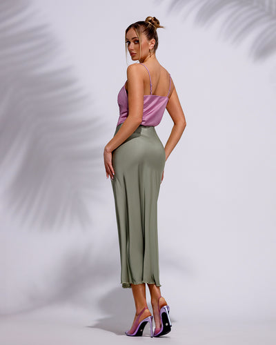 Olive Silk High Waist Maxi Skirt