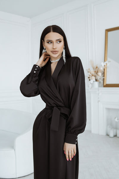 Black COLLARED WRAP MIDI DRESS (ARTICLE C405)