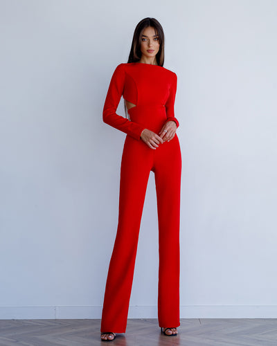 Red BACKLESS CUT-OUT LONG-SLEEVE JUMPSUIT (ARTICLE 422)