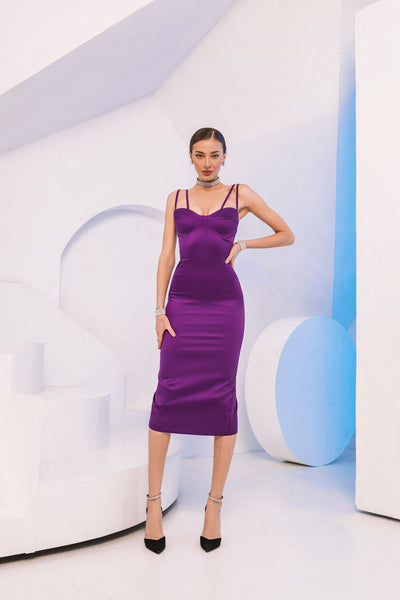 Purple SATIN STRAPPY SWEETHEART MIDI DRESS (ARTICLE C409)