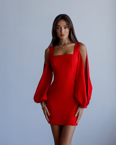 Red SQUARE NECK СUT-OUT SLEEVE MINI DRESS (ARTICLE 357)