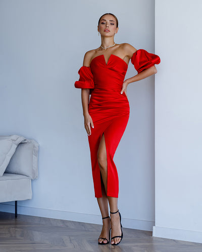 Red PUFF-SLEEVE MIDI DRESS (ARTICLE 289)