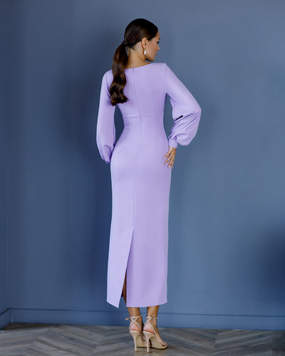 Lavender V-NECK PUFF-SLEEVE MIDI DRESS (ARTICLE 377)