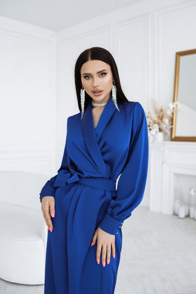 Blue COLLARED WRAP MIDI DRESS (ARTICLE C405)