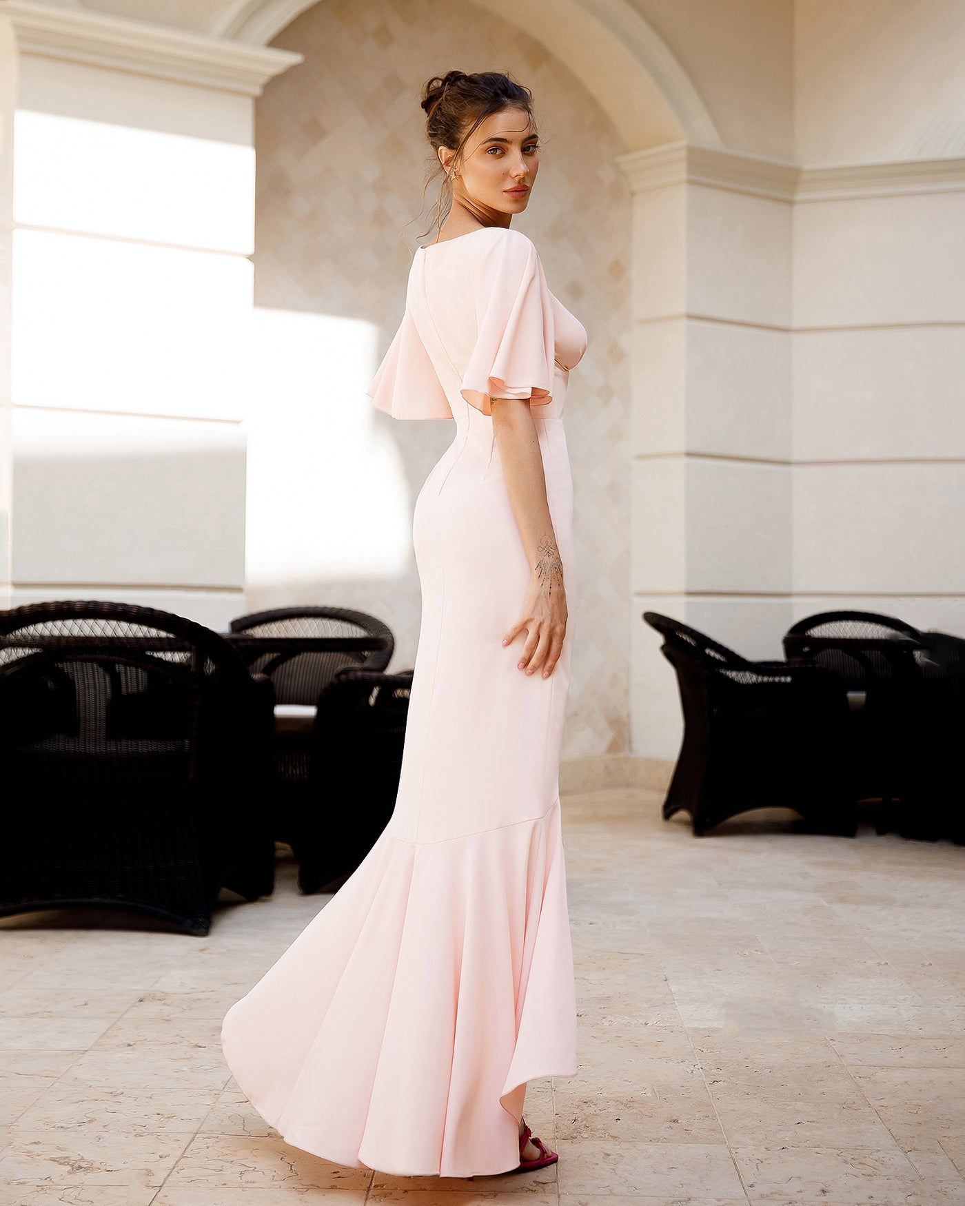 Dusty Pink V-Neck Ruffled Maxi Dress (article 384)