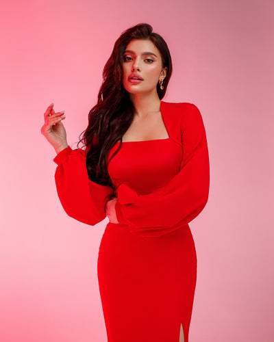 Red SQUARE NECK PUFF-SLEEVE MIDI DRESS (ARTICLE 353)