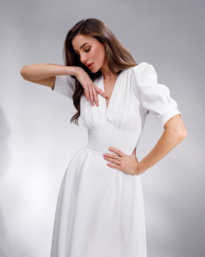 White V-NECK PUFF-SLEEVE MIDI DRESS (ARTICLE 352/1)