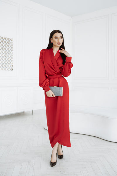 Red COLLARED WRAP MIDI DRESS (ARTICLE C405)