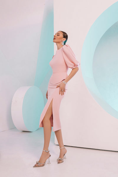 Light pink PUFF-SLEEVE TOP & MIDI SKIRT 2-PIECE SET (ARTICLE C413)