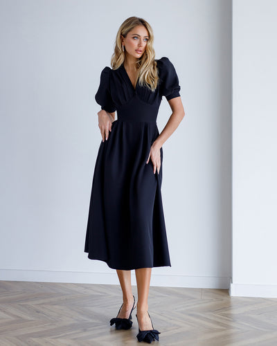 Black V-NECK PUFF-SLEEVE MIDI DRESS (ARTICLE 352/1)