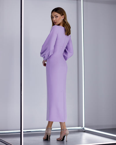 Lavender V-NECK PUFF-SLEEVE MIDI DRESS (ARTICLE 377)