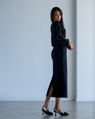 Black V-NECK PUFF-SLEEVE MIDI DRESS (ARTICLE 377)