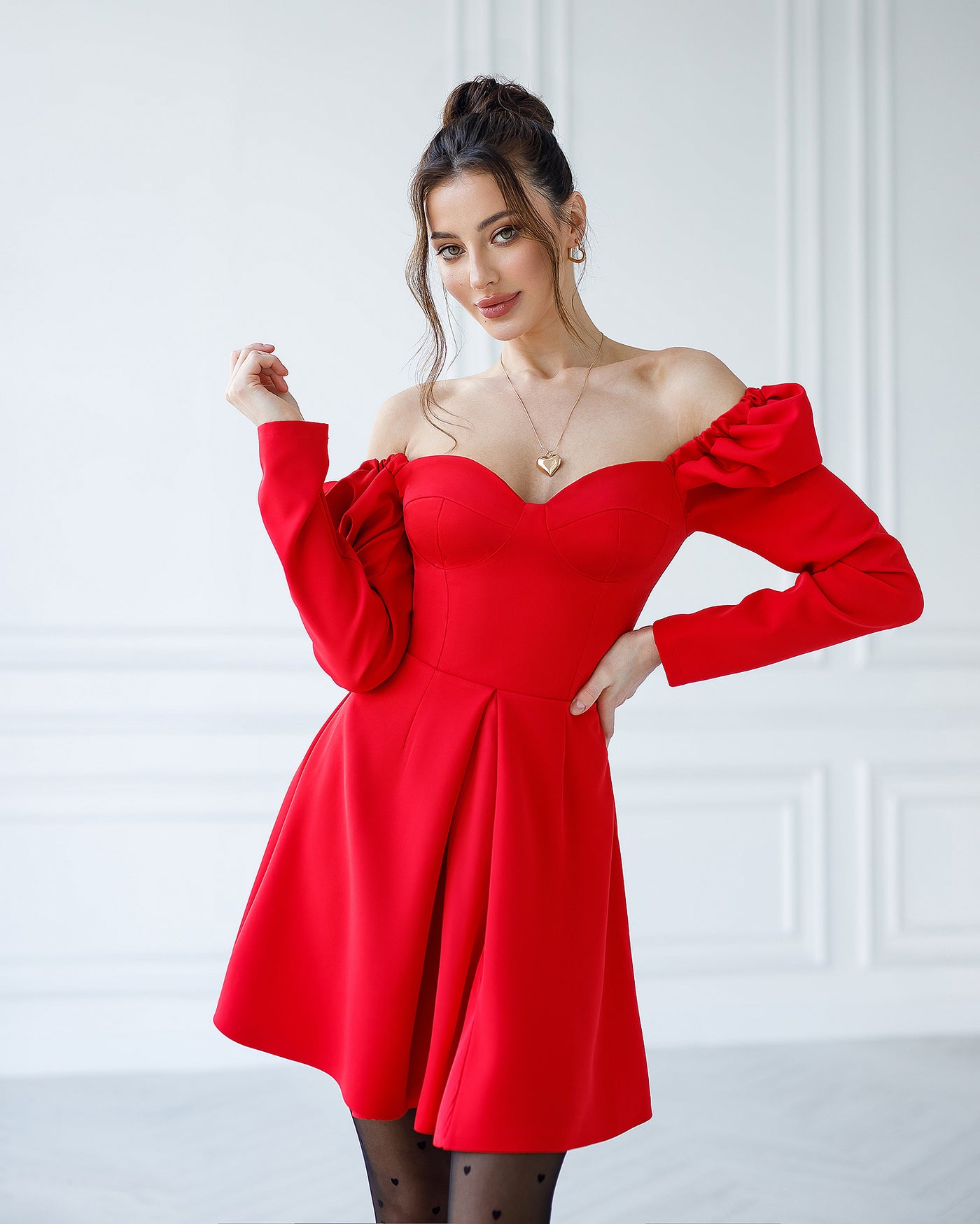 Red SWEETHEART PUFF SLEEVE MINI DRESS (ARTICLE 372)