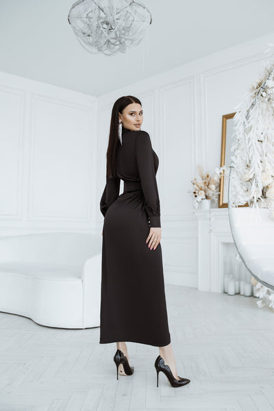 Black COLLARED WRAP MIDI DRESS (ARTICLE C405)