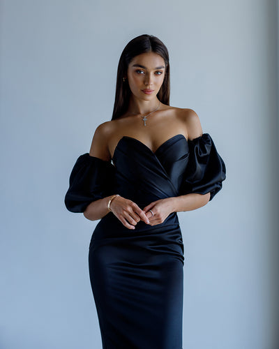 Black SATIN SWEETHEART PUFF-SLEEVE MIDI DRESS (ARTICLE 330)