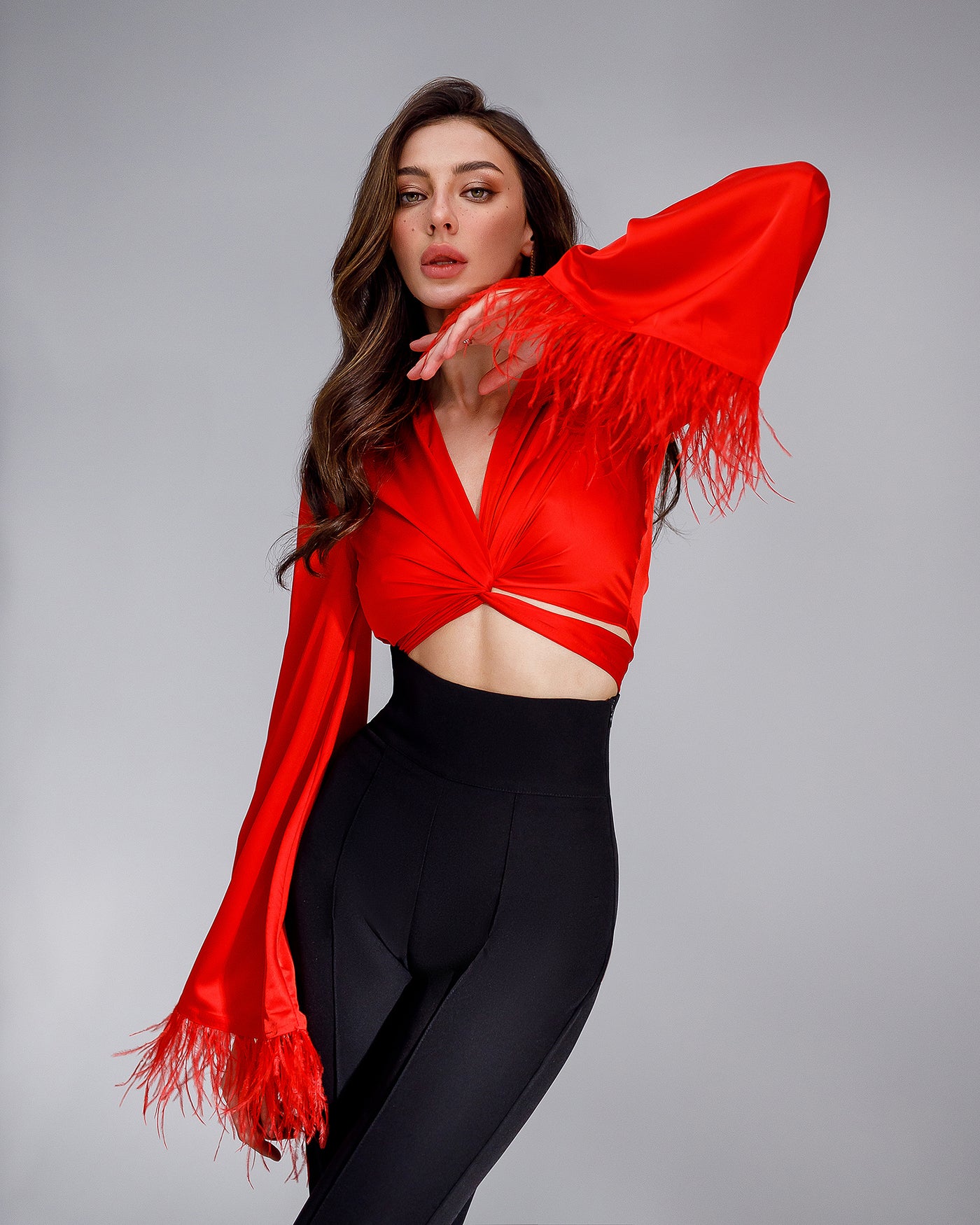 Red SILK FEATHER SLEEVE BLOUSE (ARTICLE 345)