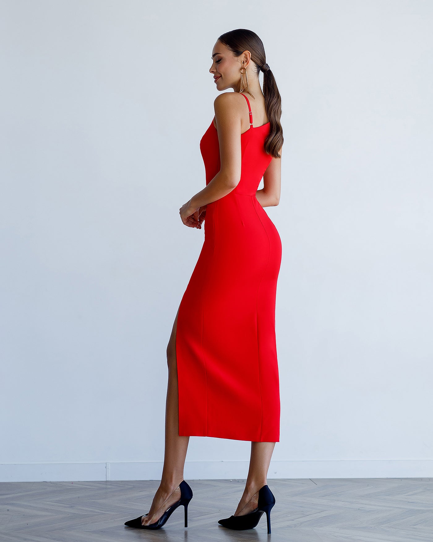 Red ASYMMETRIC STRAPPY MIDI DRESS (ARTICLE 376)