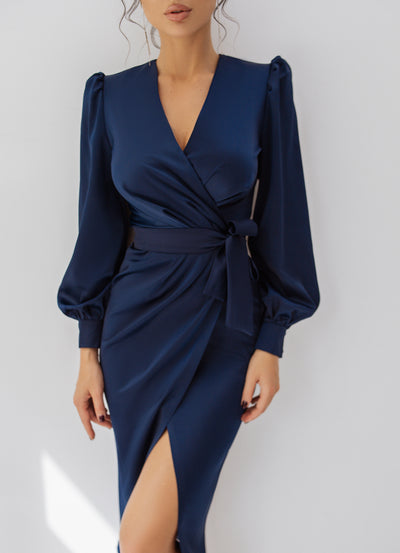 Navy WRAP LONG SLEEVE MIDI DRESS (ARTICLE C293/1)