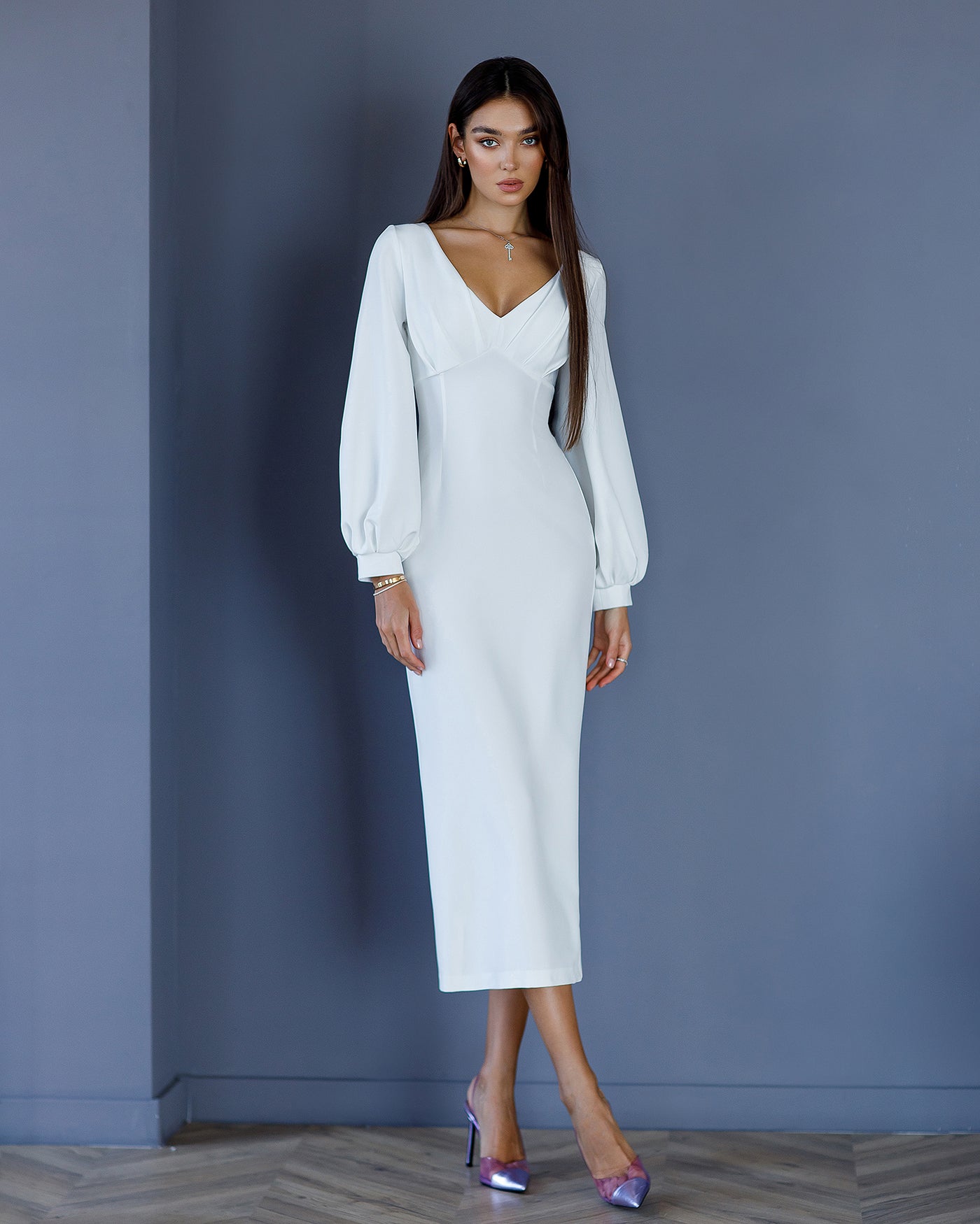 White V-NECK PUFF-SLEEVE MIDI DRESS (ARTICLE 377)