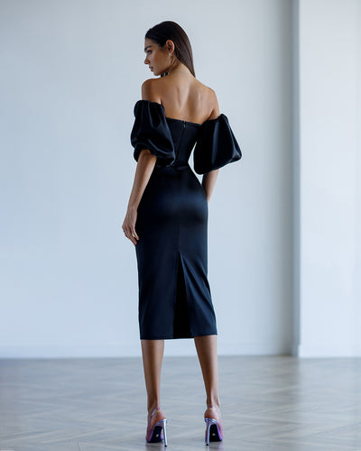 Black SATIN SWEETHEART PUFF-SLEEVE MIDI DRESS (ARTICLE 330)