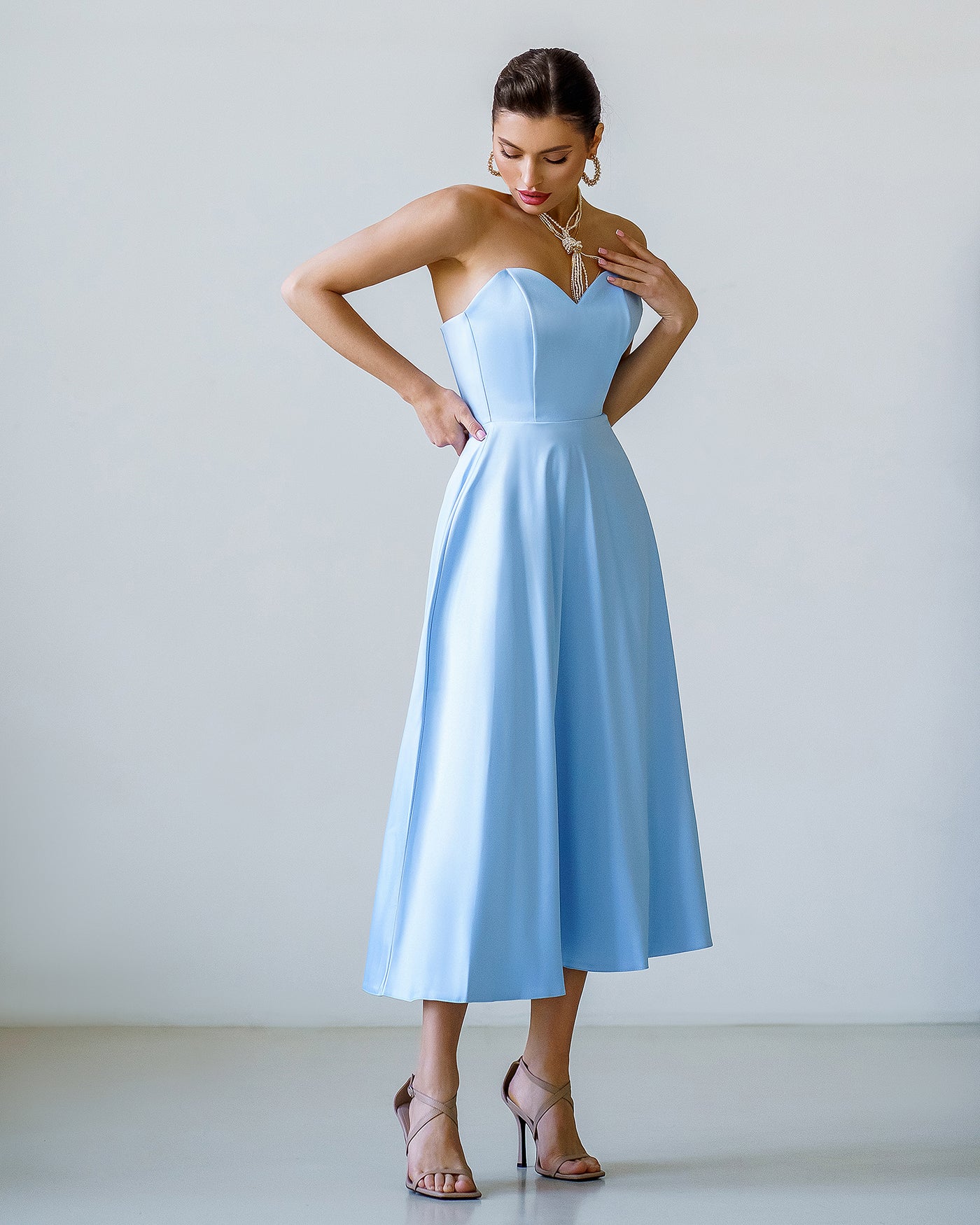 Sky-Blue Satin Corseted Strapless Dress (article 047)