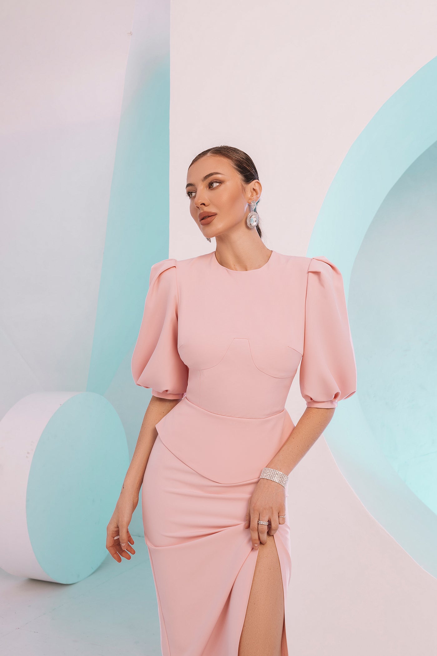 Light pink PUFF-SLEEVE TOP & MIDI SKIRT 2-PIECE SET (ARTICLE C413)