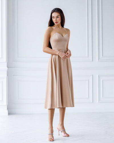 Beige Satin Corseted Strapless Dress (article 047)