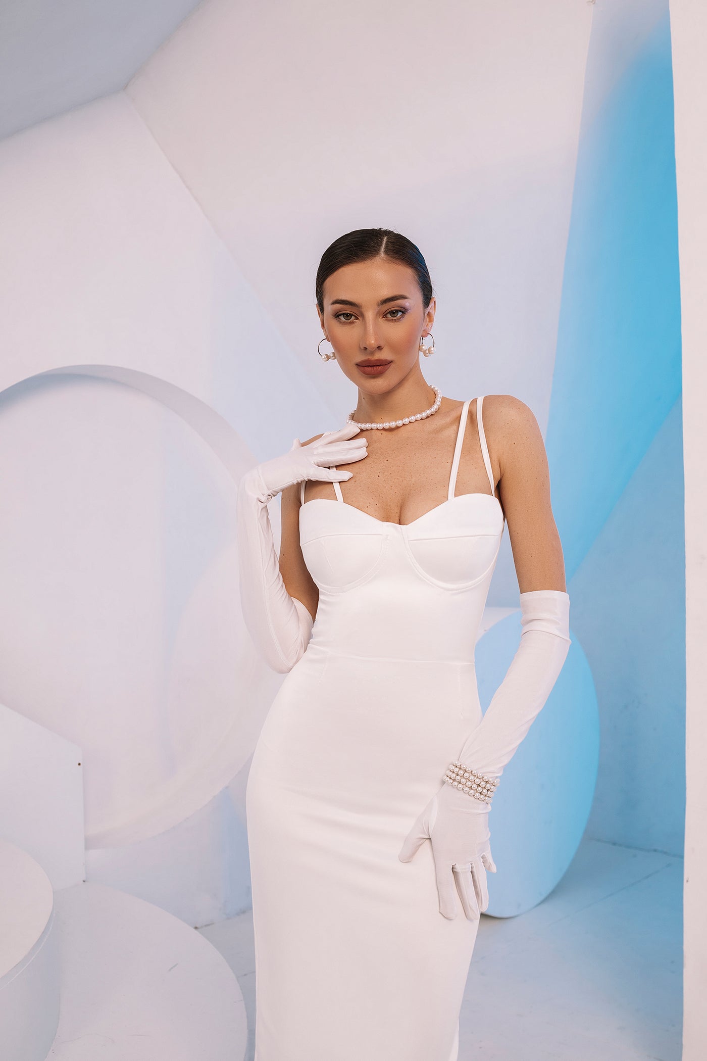 White SATIN STRAPPY SWEETHEART MIDI DRESS (ARTICLE C409)