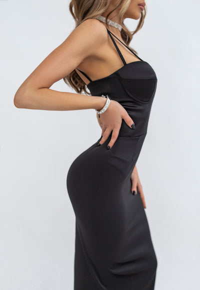 Black SATIN STRAPPY SWEETHEART MIDI DRESS (ARTICLE C409)