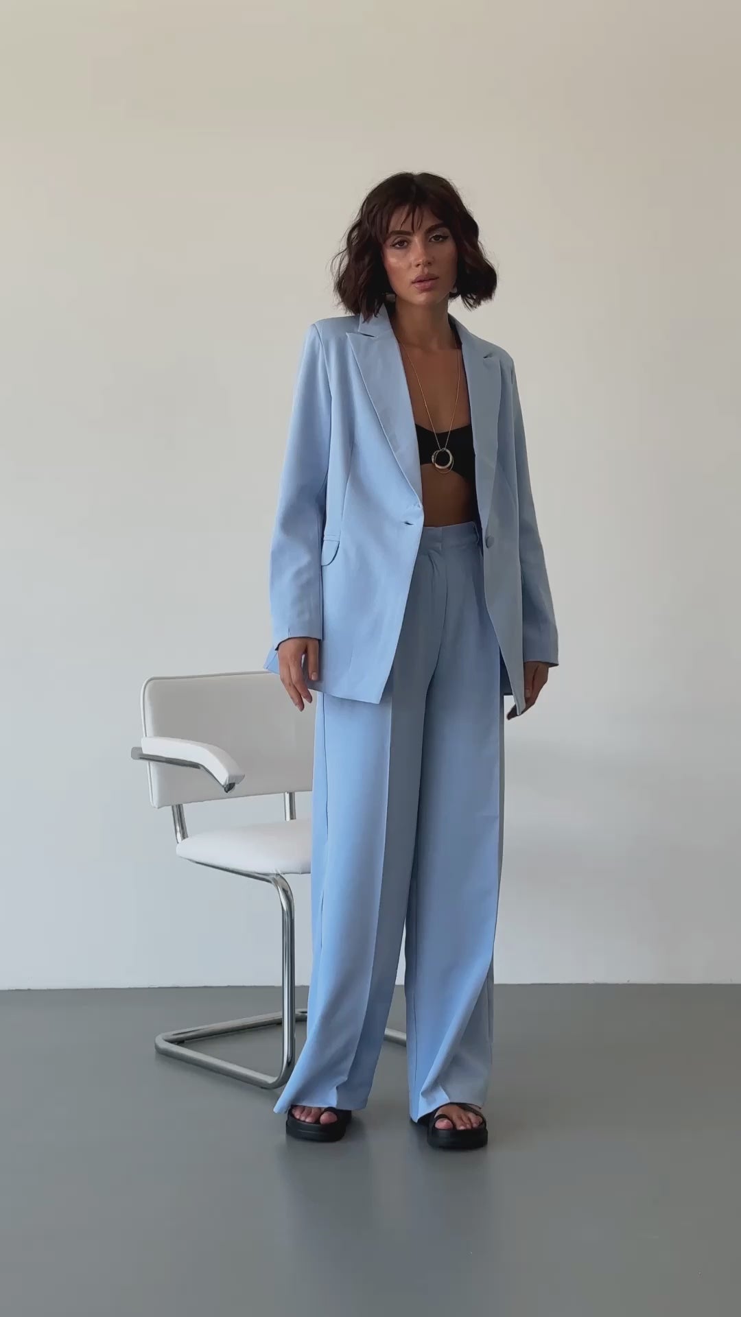 Sky-blue SINGLE-BREASTED WIDE-LEG SUIT 2-PIECE (ARTICLE C347)