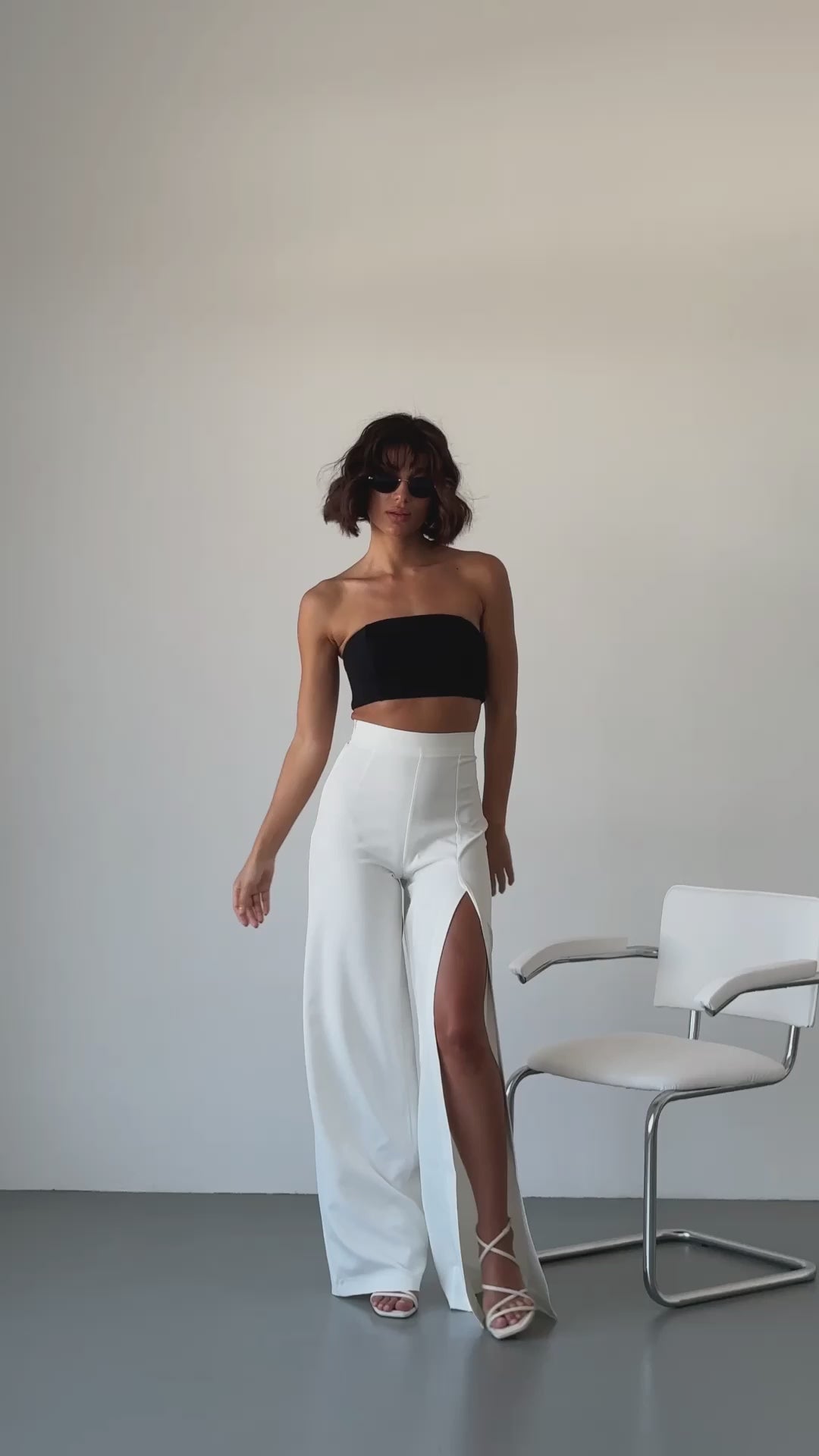 White HIGH WAIST SLIT ONE LEG FLARED PANTS (ARTICLE C394)