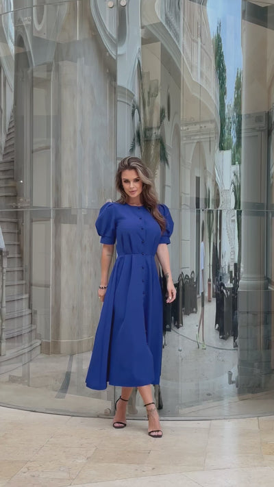 Blue FITTED PUFF-SLEEVE MIDI DRESS (ARTICLE C390)