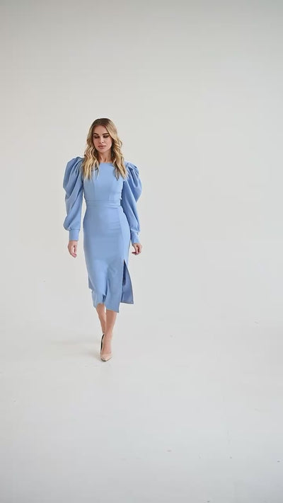 Sky-blue BACKLESS PUFF SLEEVE MIDI DRESS (ARTICLE C398)