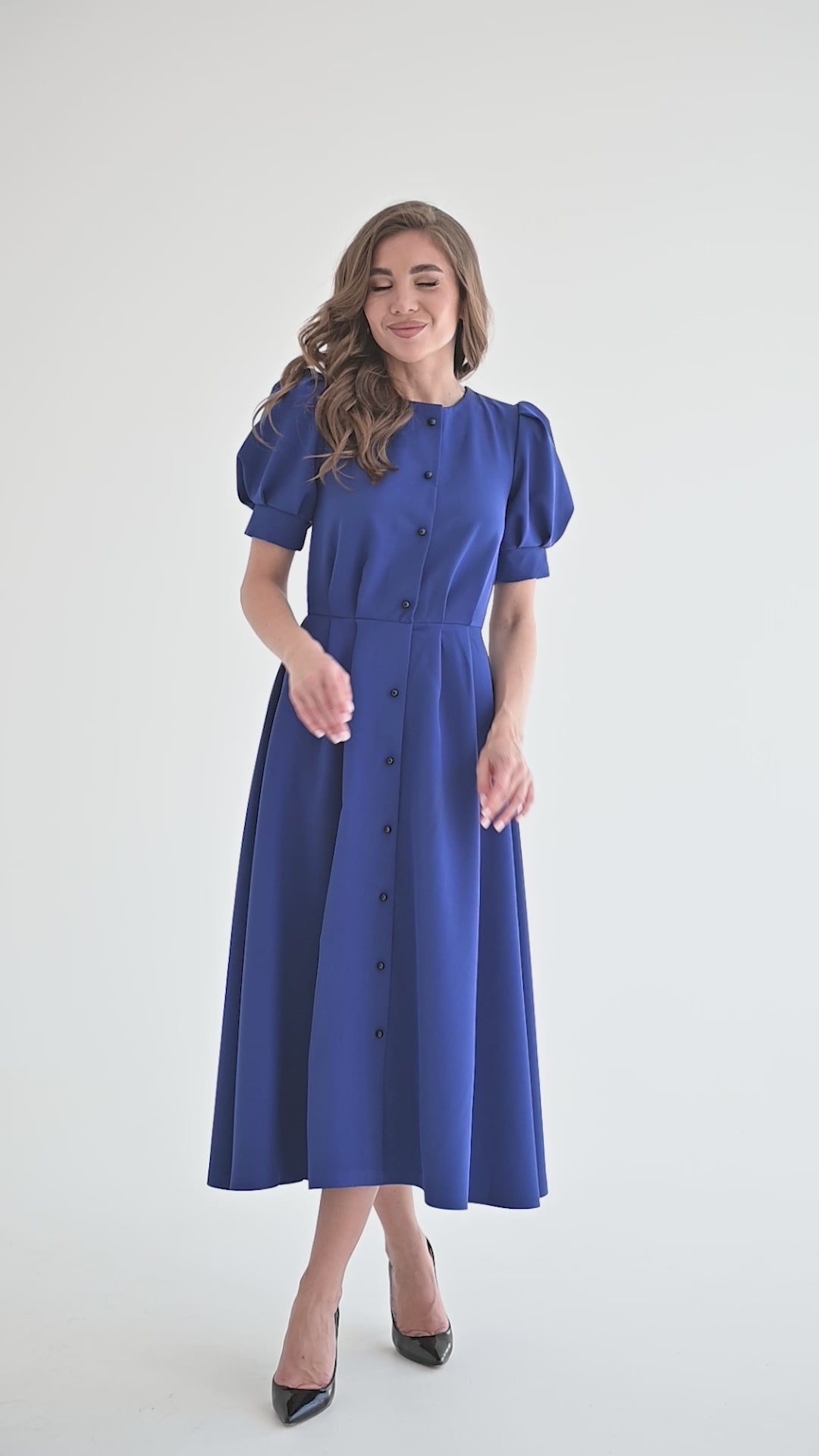 Blue FITTED PUFF-SLEEVE MIDI DRESS (ARTICLE C390)