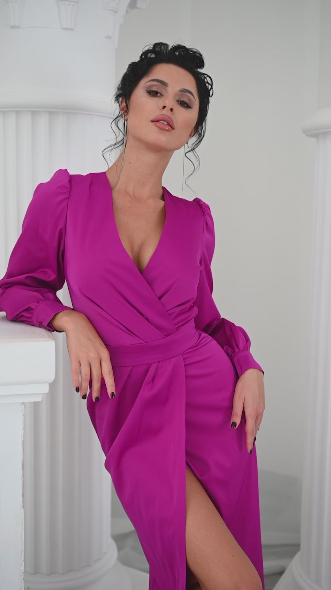 Fuchsia WRAP LONG SLEEVE MIDI DRESS (ARTICLE C293/1)