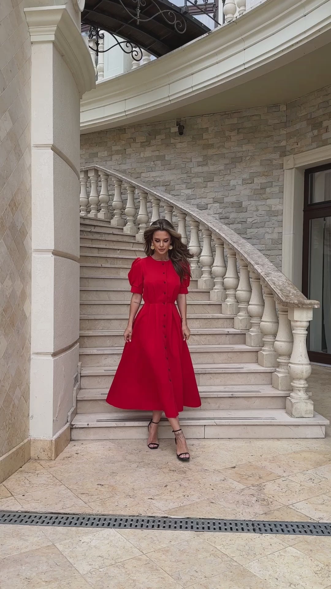 Red FITTED PUFF-SLEEVE MIDI DRESS (ARTICLE C390)