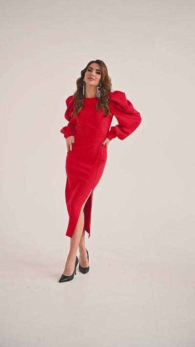 Red Backless Puff Sleeve Midi Dress (article C398)