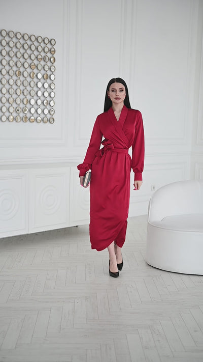 Red COLLARED WRAP MIDI DRESS (ARTICLE C405)