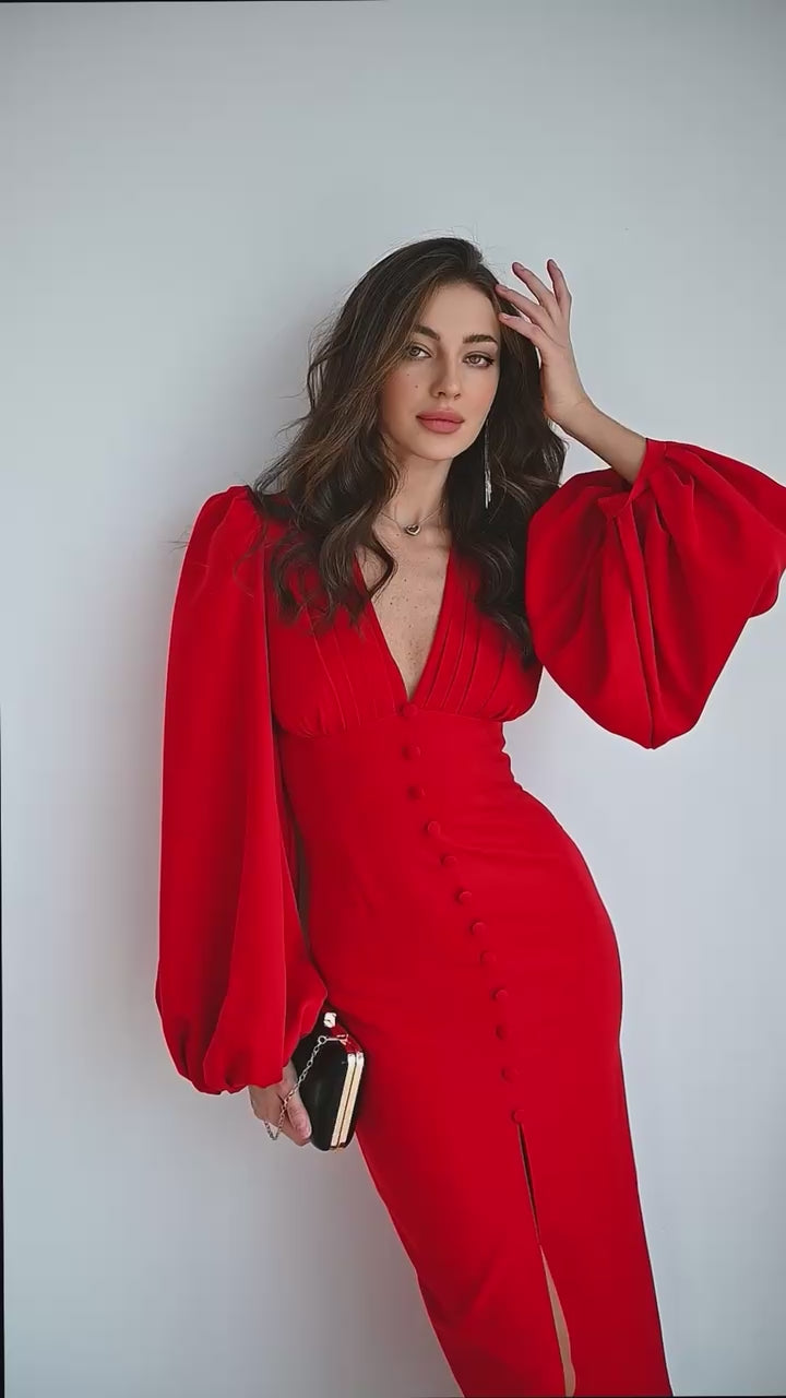 Red BACKLESS PUFF SLEEVE MIDI DRESS (ARTICLE C353)