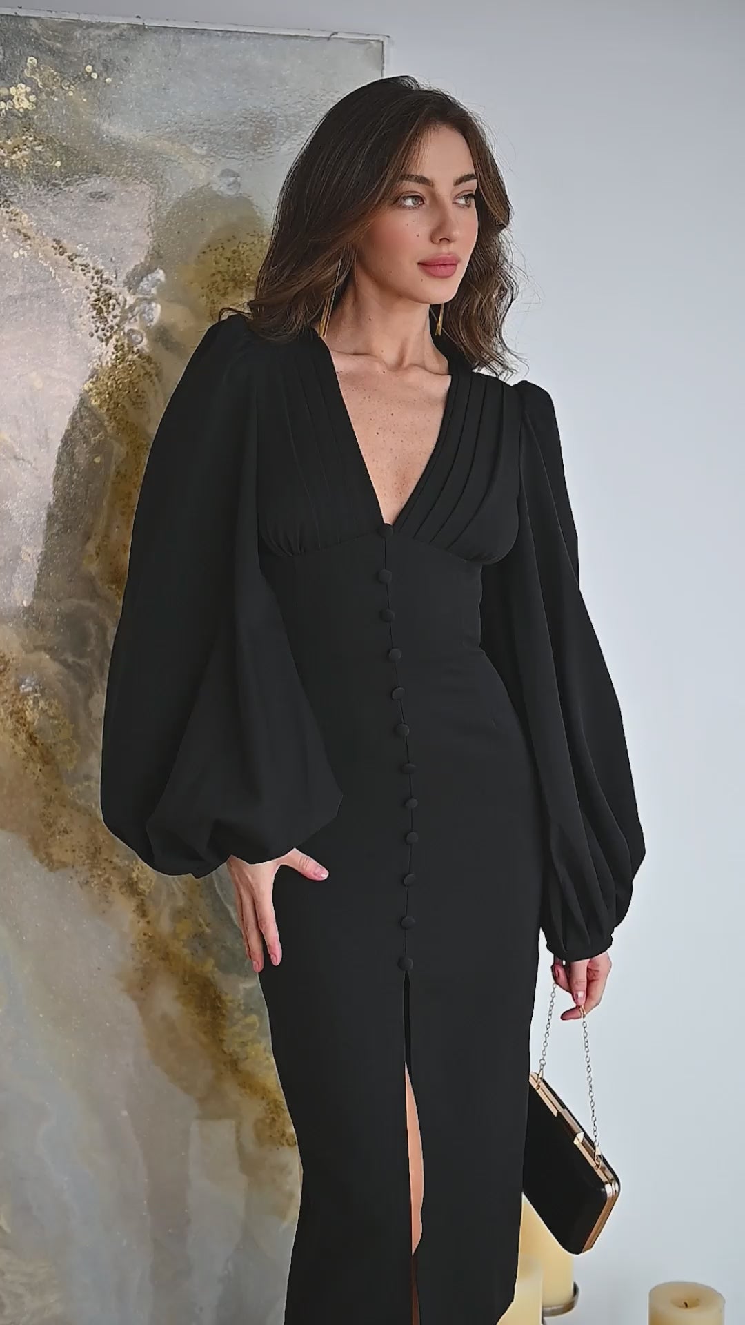 Black BACKLESS PUFF SLEEVE MIDI DRESS (ARTICLE C353)