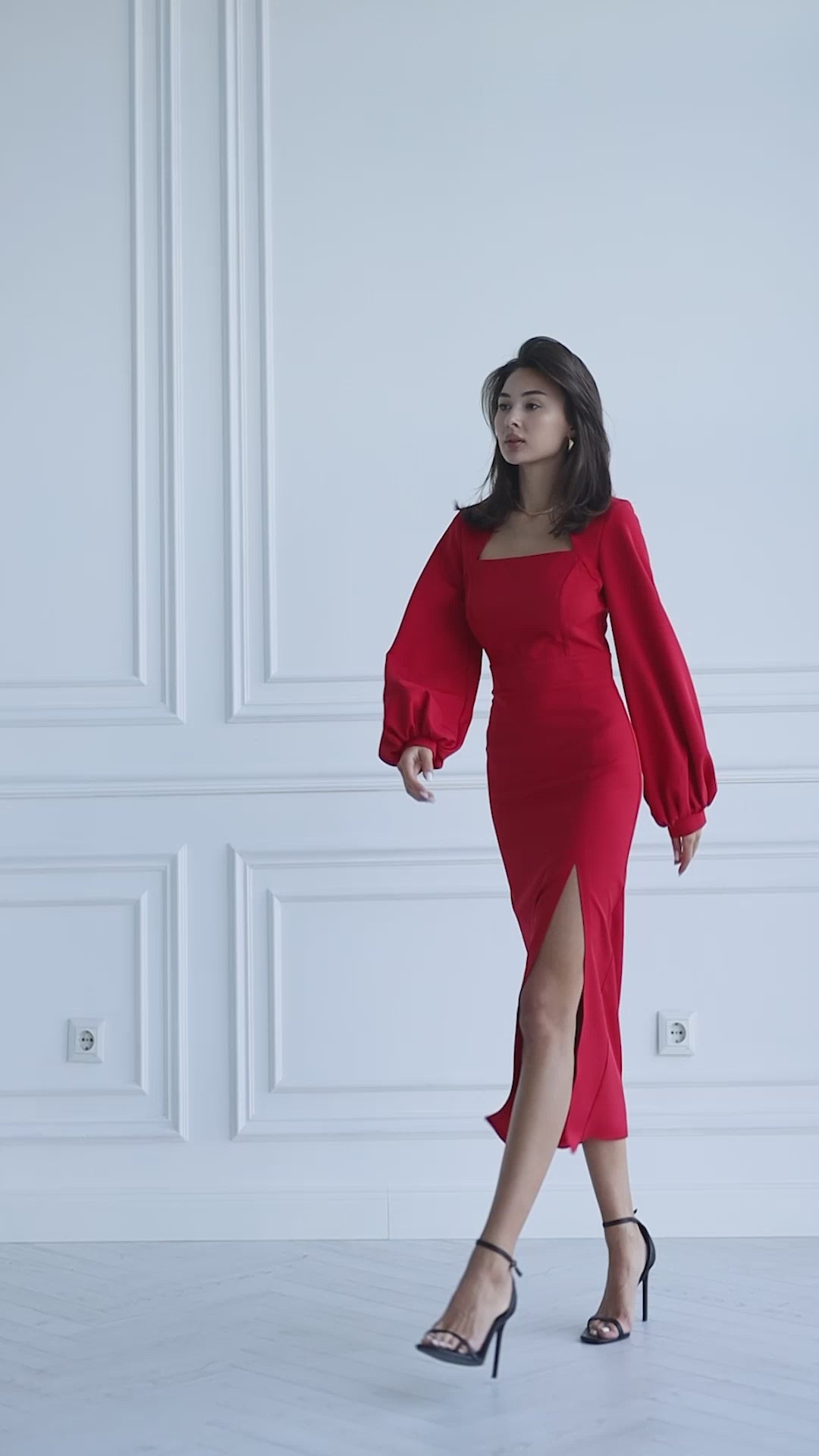 Red SQUARE NECK PUFF-SLEEVE MIDI DRESS (ARTICLE 353)