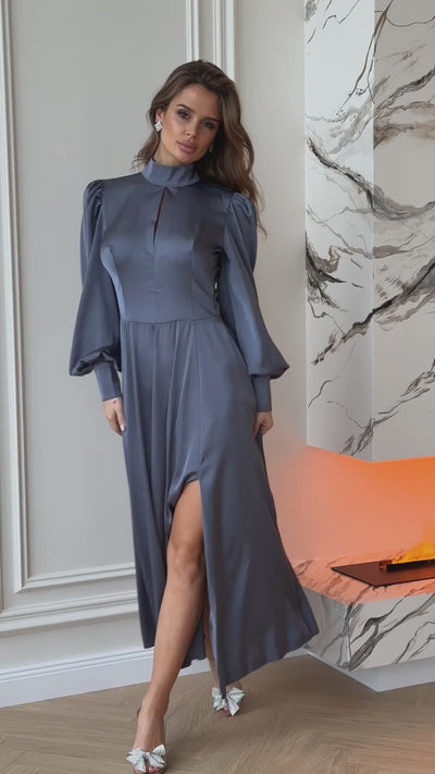 Graphite SILK LONG SLEEVE MAXI DRESS (ARTICLE C323)