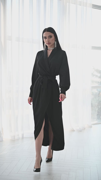 Black COLLARED WRAP MIDI DRESS (ARTICLE C405)