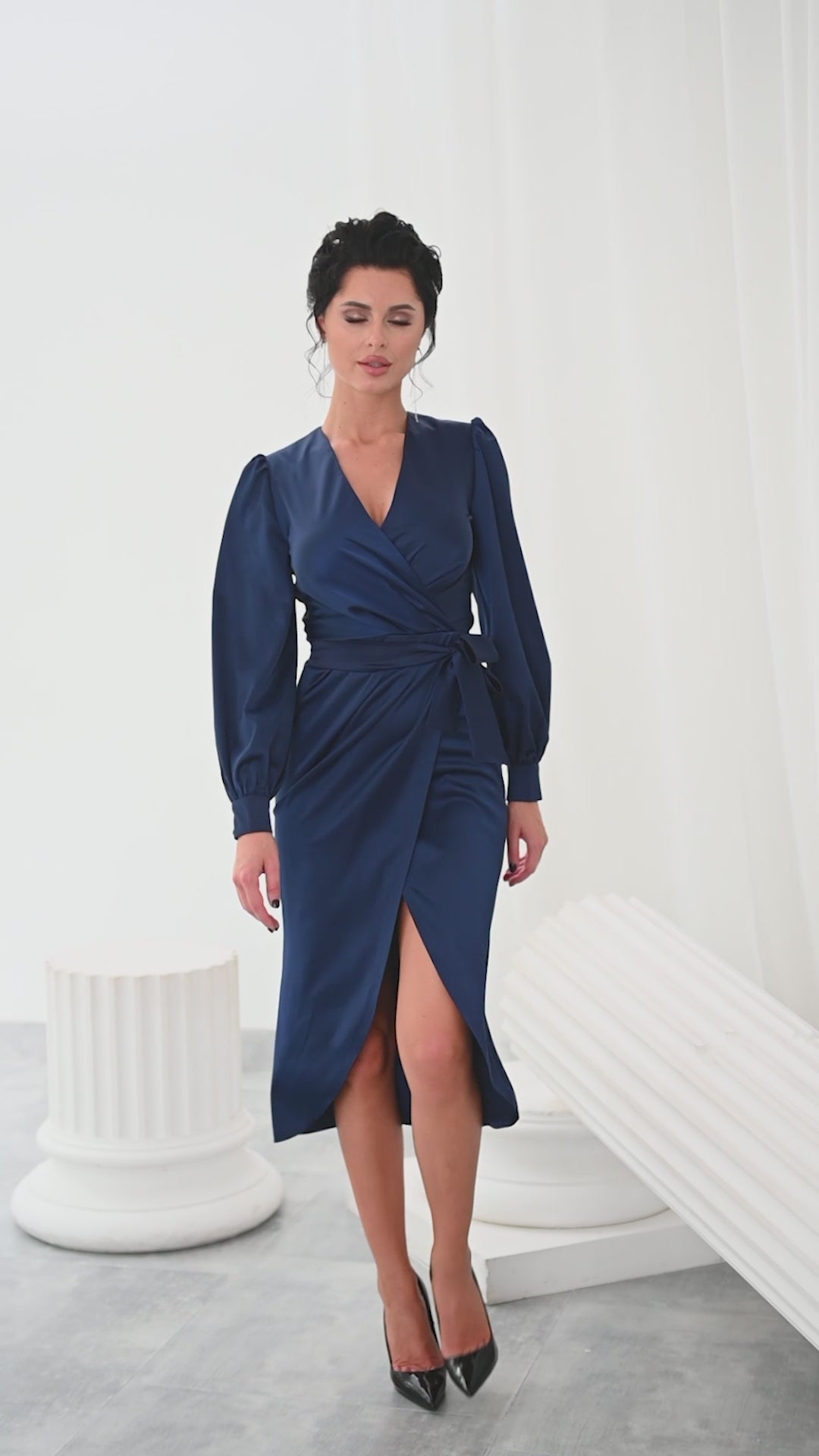 Navy WRAP LONG SLEEVE MIDI DRESS (ARTICLE C293/1)