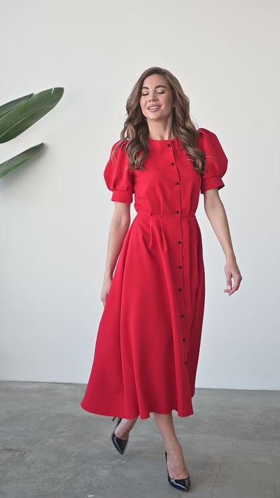 Red FITTED PUFF-SLEEVE MIDI DRESS (ARTICLE C390)