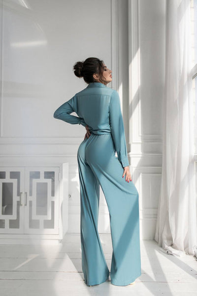 Blue Shirt & High Waist Pants 2-Piece Set (article 284)