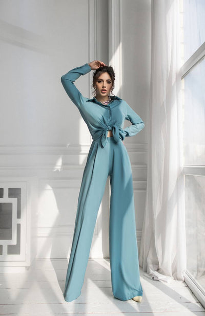 Blue Shirt & High Waist Pants 2-Piece Set (article 284)