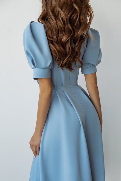 Sky-blue FITTED PUFF-SLEEVE MIDI DRESS (ARTICLE C390)